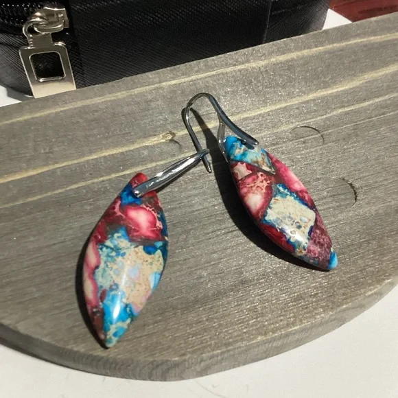💙 Sterling Silver French Hook Natural Jasper Stone Curvy Boho Drop Earrings